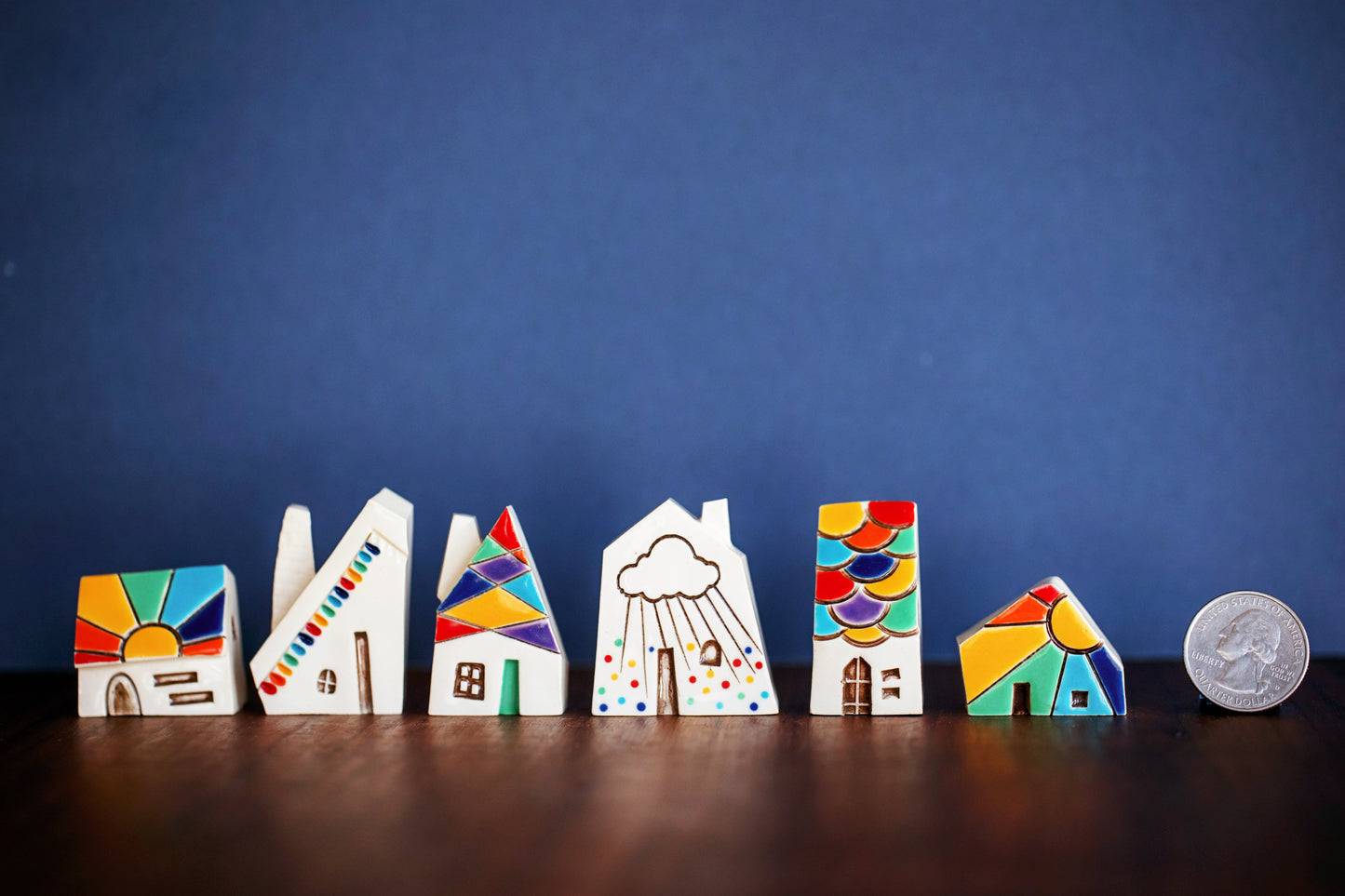 Small Ceramic Houses with Rainbows, Dots, Sunshine