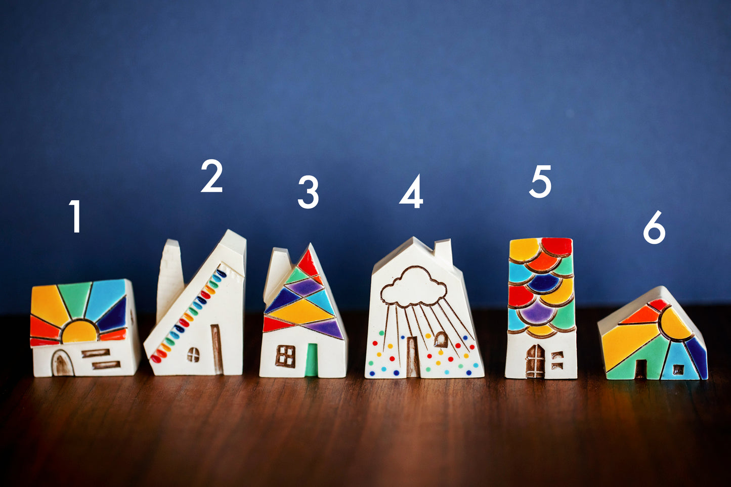Small Ceramic Houses with Rainbows, Dots, Sunshine