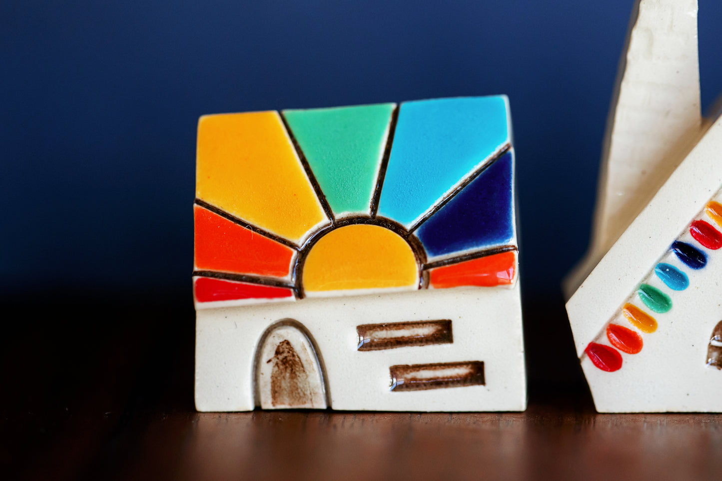 Small Ceramic Houses with Rainbows, Dots, Sunshine