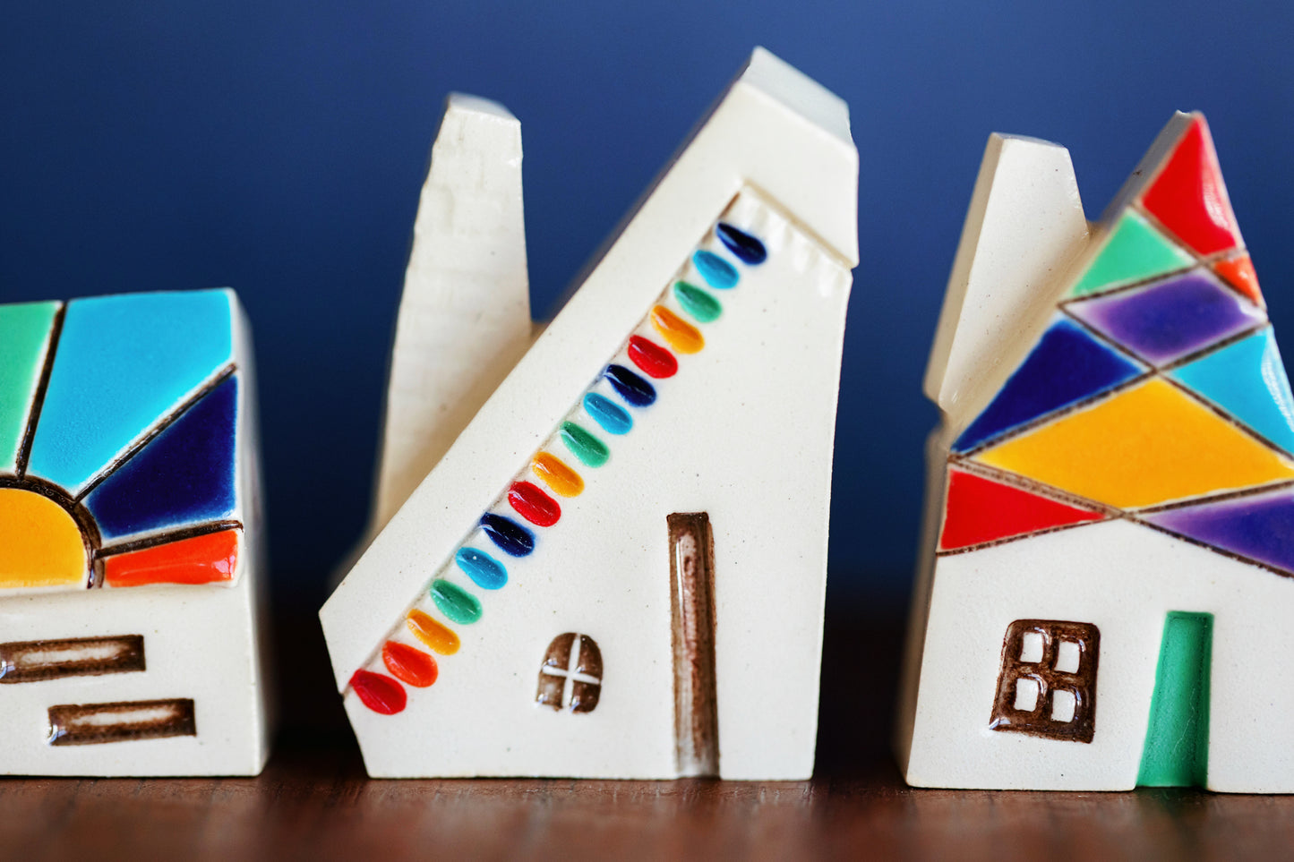 Small Ceramic Houses with Rainbows, Dots, Sunshine