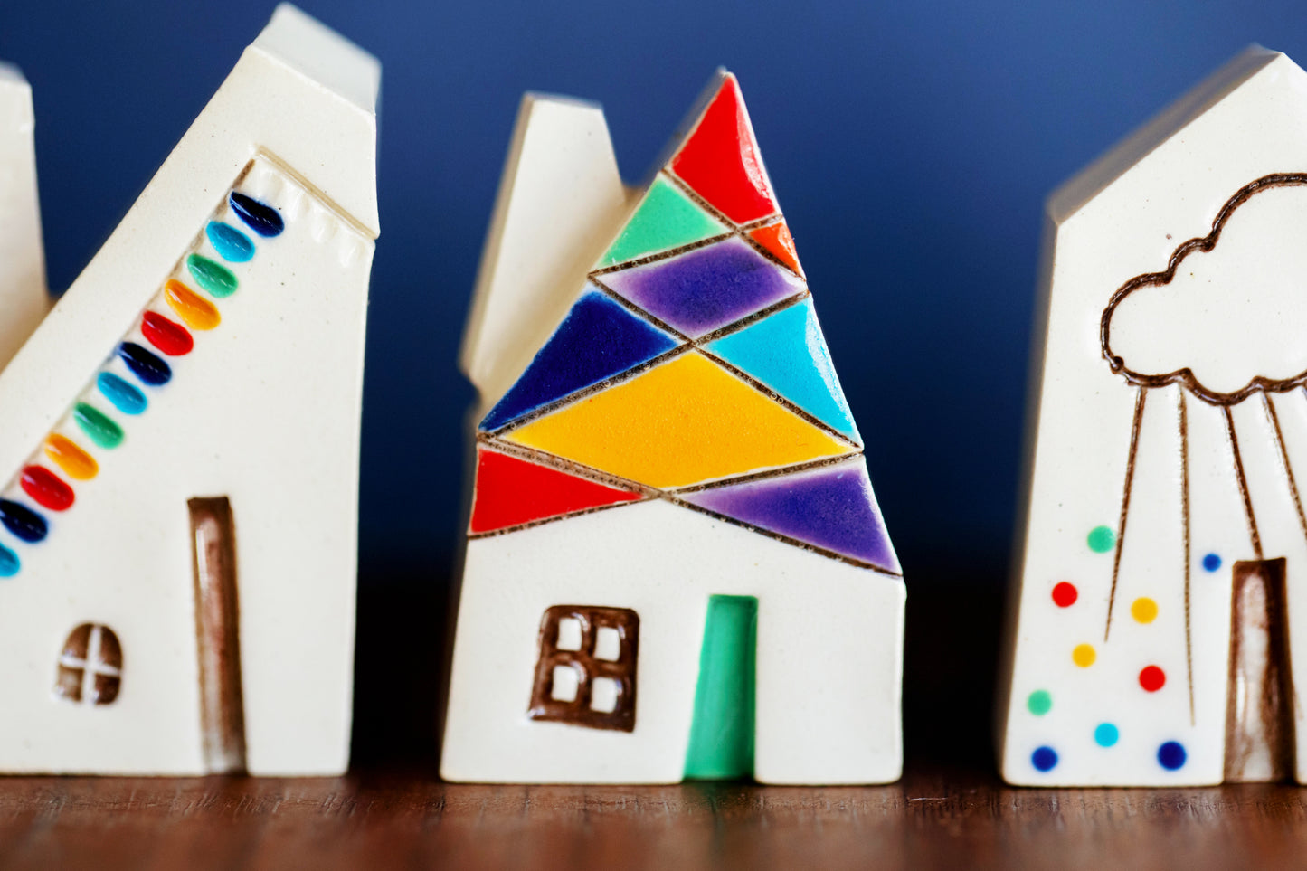 Small Ceramic Houses with Rainbows, Dots, Sunshine