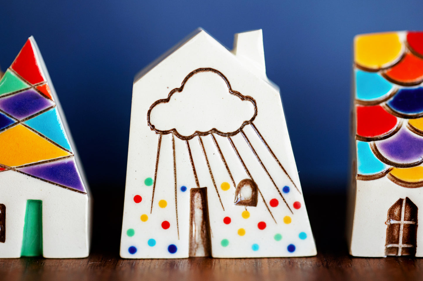 Small Ceramic Houses with Rainbows, Dots, Sunshine