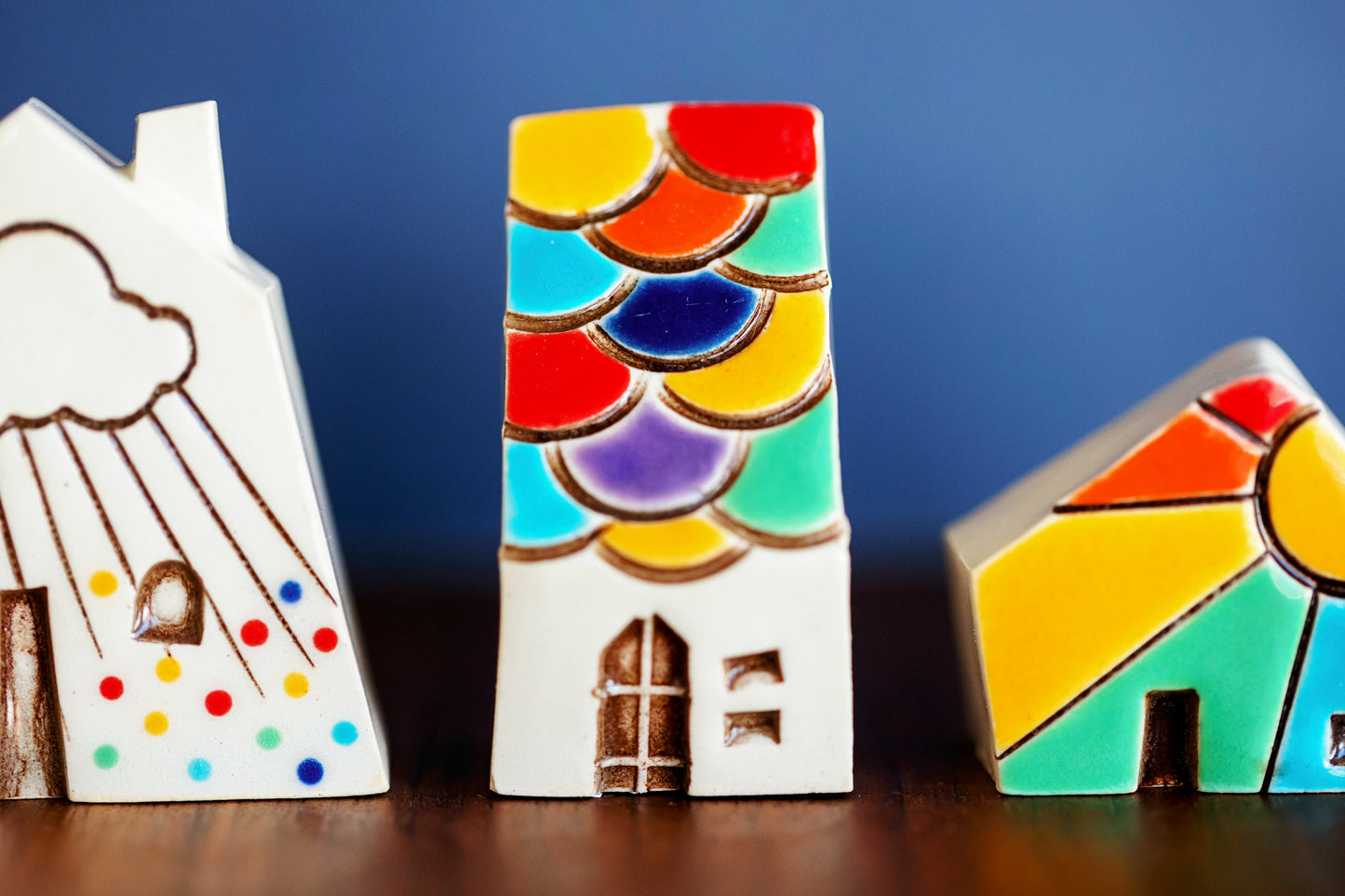 Small Ceramic Houses with Rainbows, Dots, Sunshine