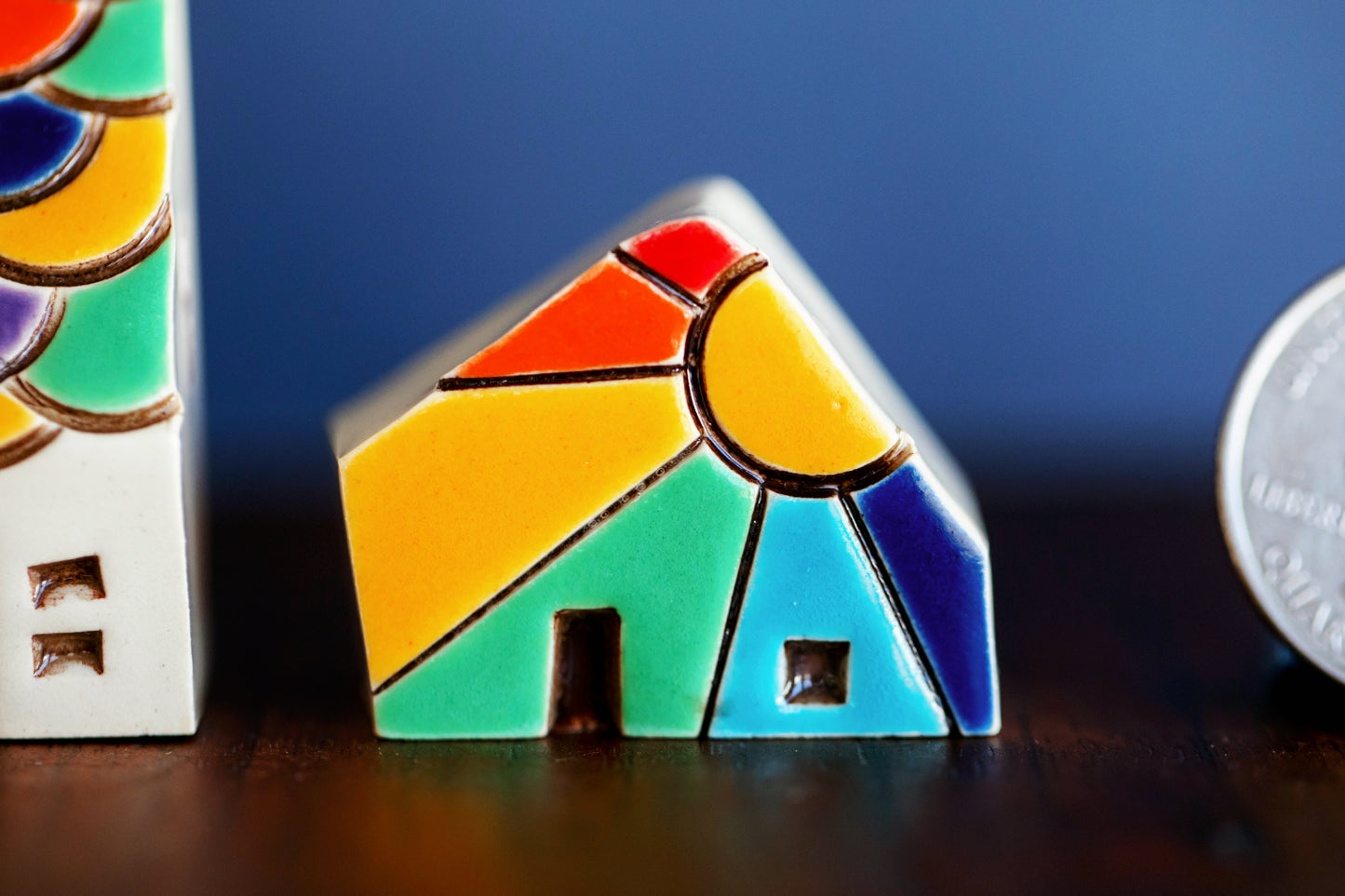Small Ceramic Houses with Rainbows, Dots, Sunshine