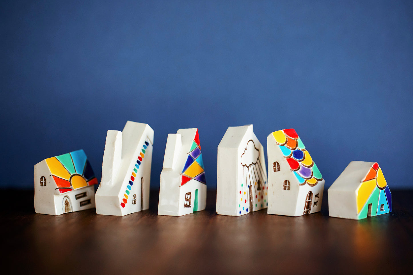Small Ceramic Houses with Rainbows, Dots, Sunshine
