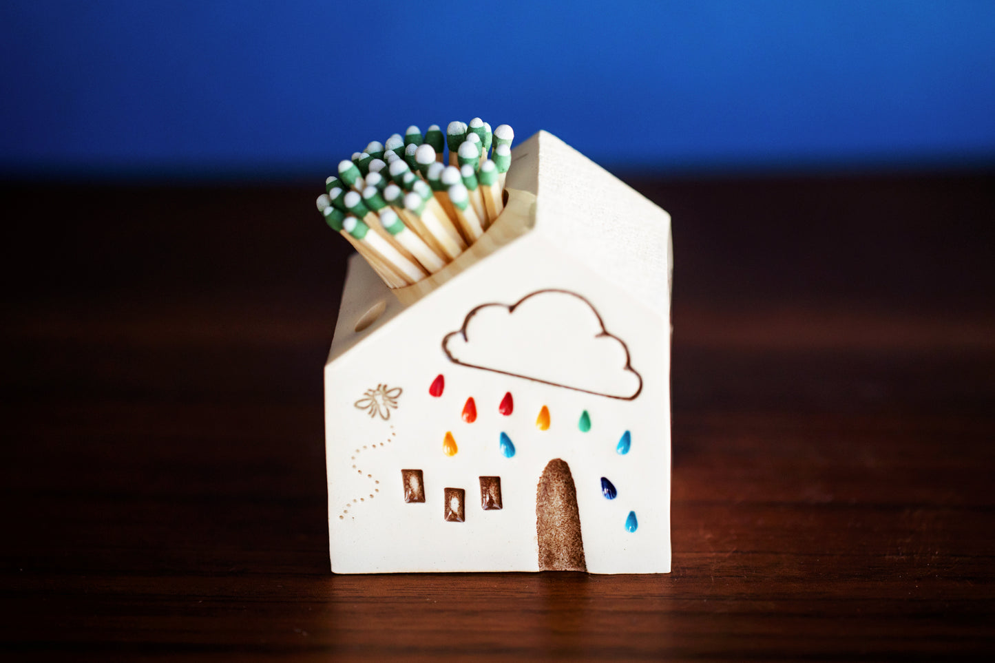Ceramic Cloud Match Striker with Honey Bee and Rainbow Raindrops