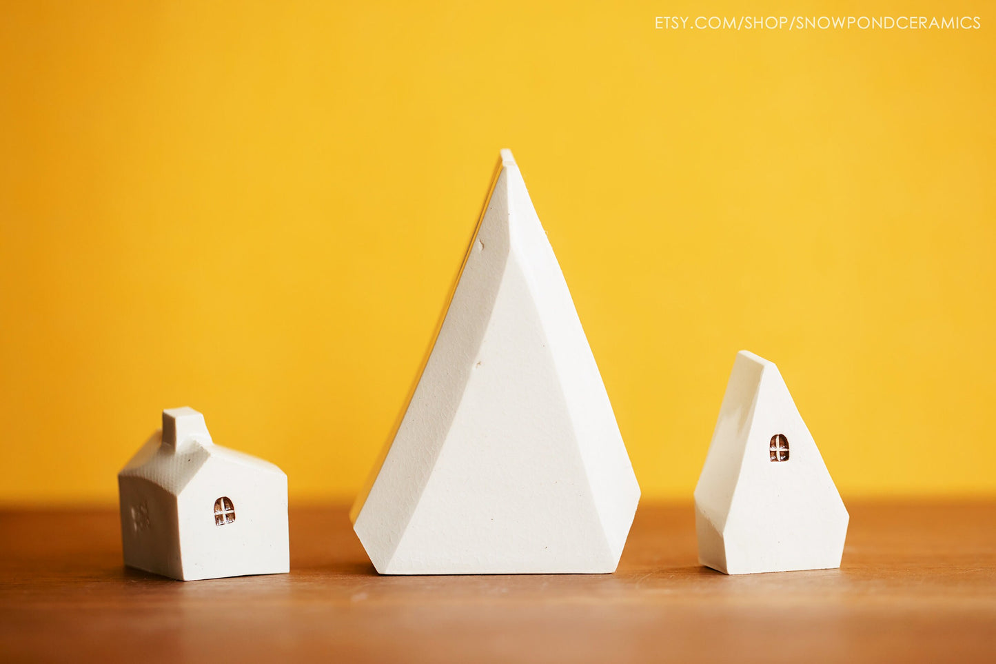 Tiny Ceramic Holiday Village with Tree Card Holder - Rainbow Polka Dot Minimalist Holiday Decor