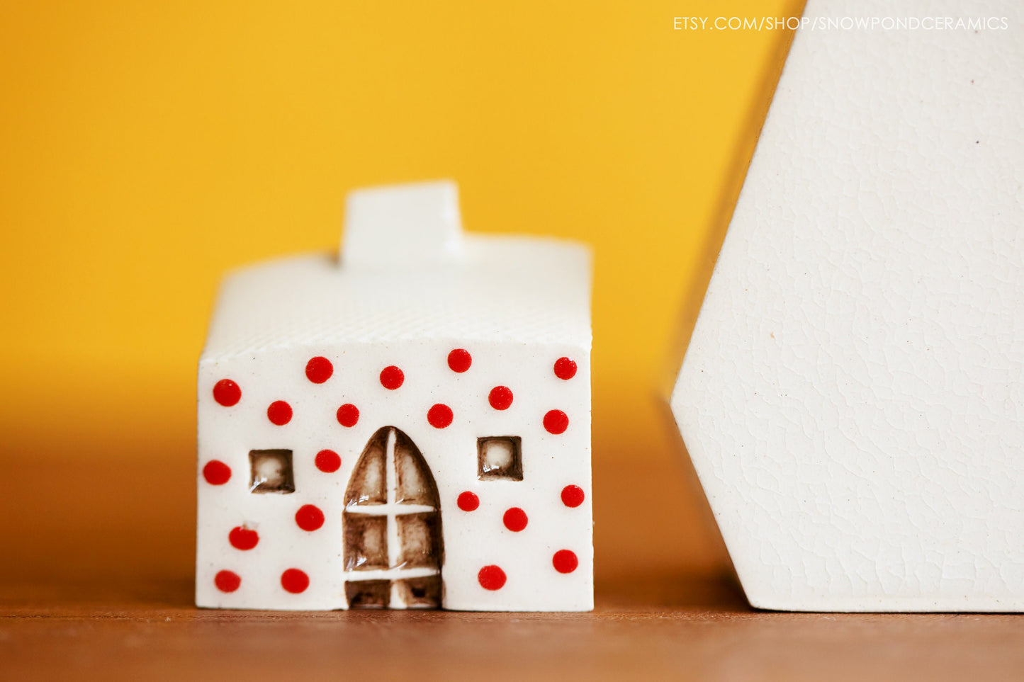 Tiny Ceramic Holiday Village with Tree Card Holder - Rainbow Polka Dot Minimalist Holiday Decor