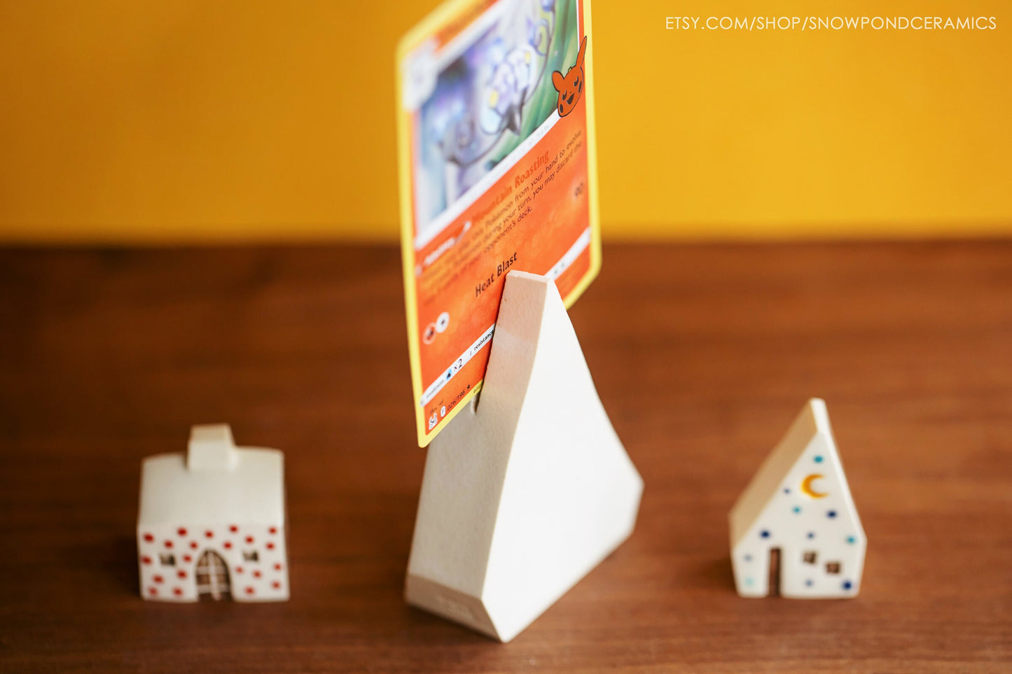 Tiny Ceramic Holiday Village with Tree Card Holder - Rainbow Polka Dot Minimalist Holiday Decor