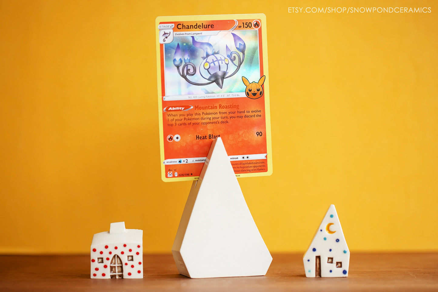 Tiny Ceramic Holiday Village with Tree Card Holder - Rainbow Polka Dot Minimalist Holiday Decor