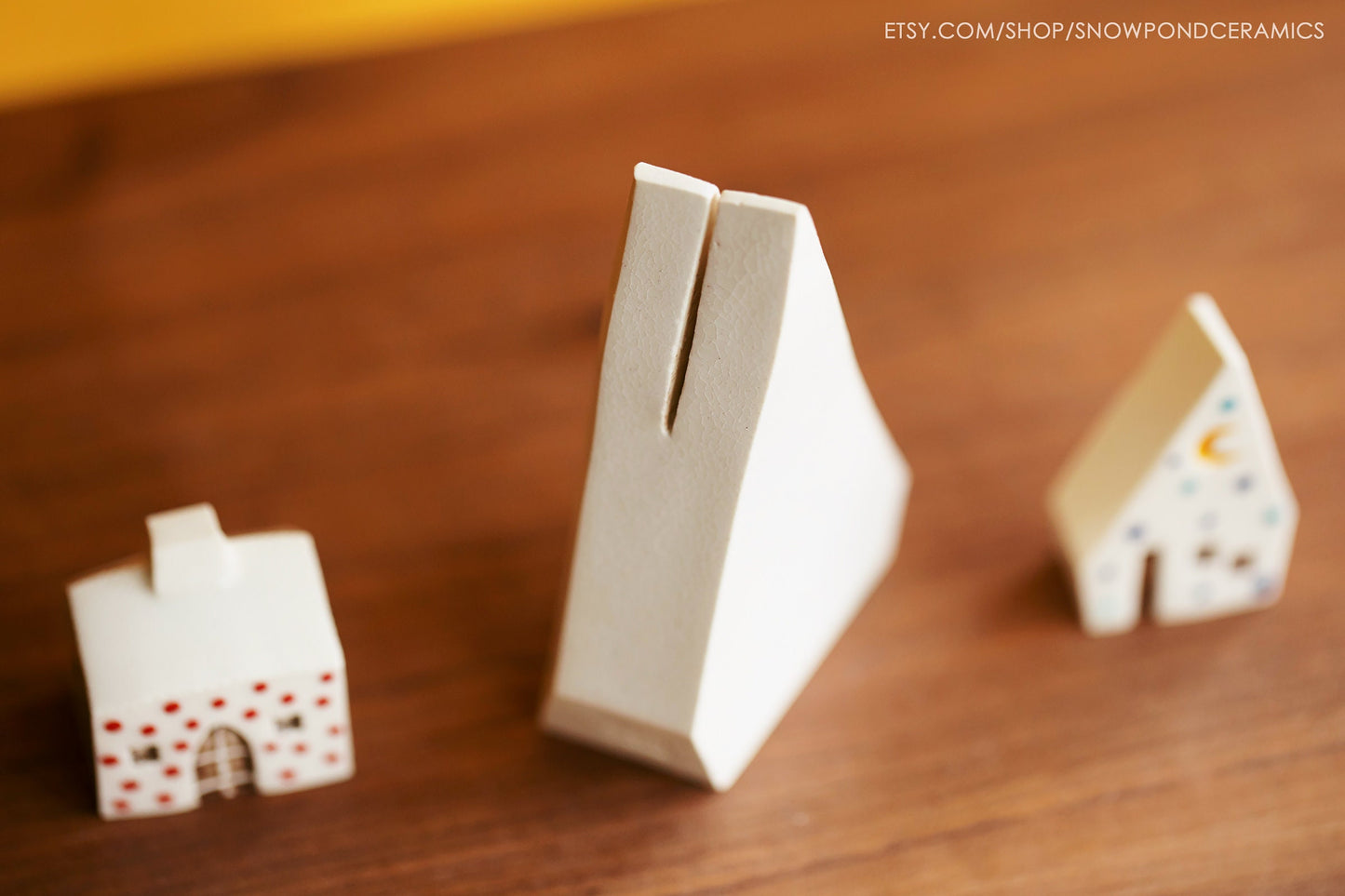 Tiny Ceramic Holiday Village with Tree Card Holder - Rainbow Polka Dot Minimalist Holiday Decor