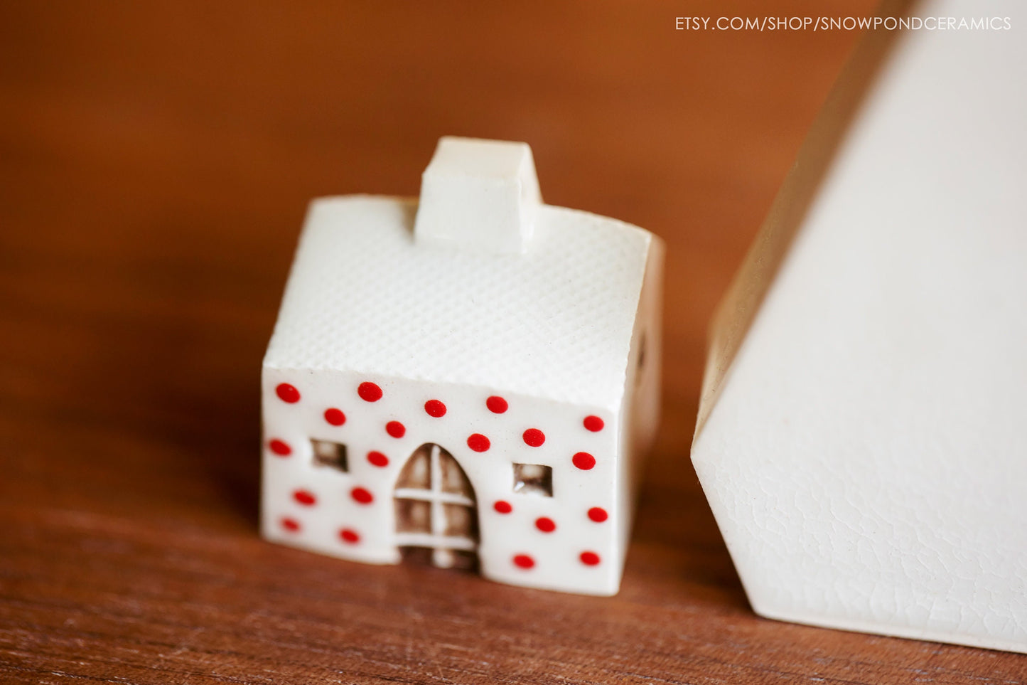 Tiny Ceramic Holiday Village with Tree Card Holder - Rainbow Polka Dot Minimalist Holiday Decor
