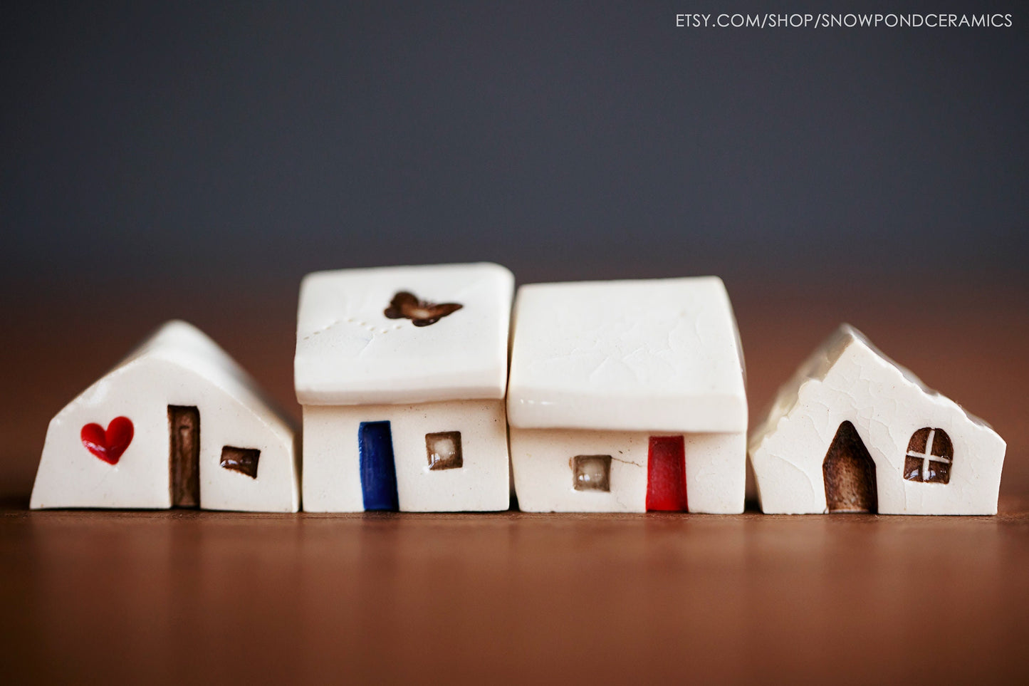 Whimsical Ceramic Village with Heart and Butterfly Houses - Miniature White Houses Gift