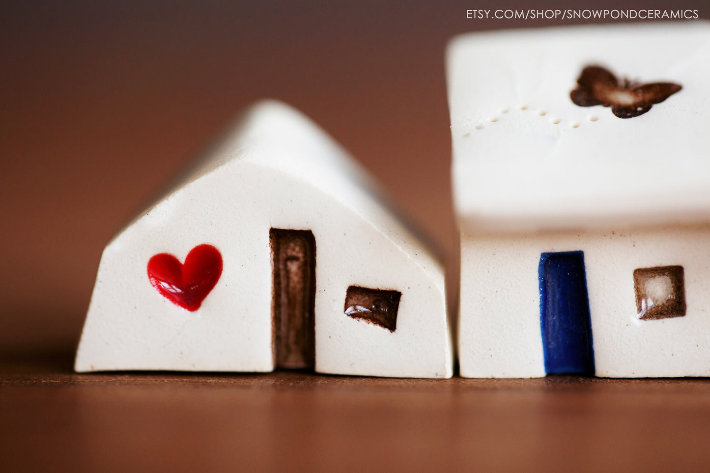 Whimsical Ceramic Village with Heart and Butterfly Houses - Miniature White Houses Gift