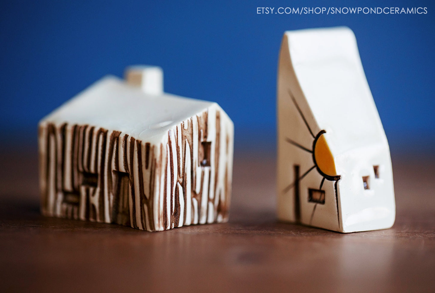 Small Whimsical Ceramic Houses with Sunshine - Nature / Cabin Gift