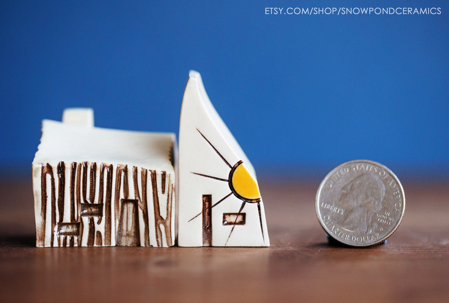 Small Whimsical Ceramic Houses with Sunshine - Nature / Cabin Gift