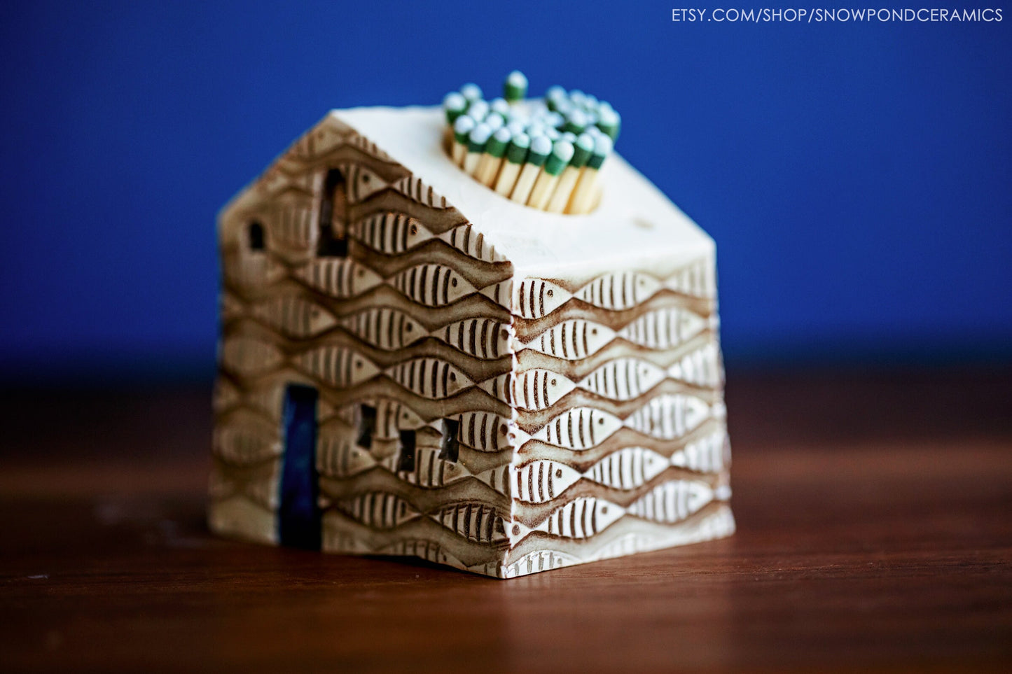 Whimsical Fish Pattern Ceramic House Blue Door Match Striker - Mantle Decor / Cabin Gift