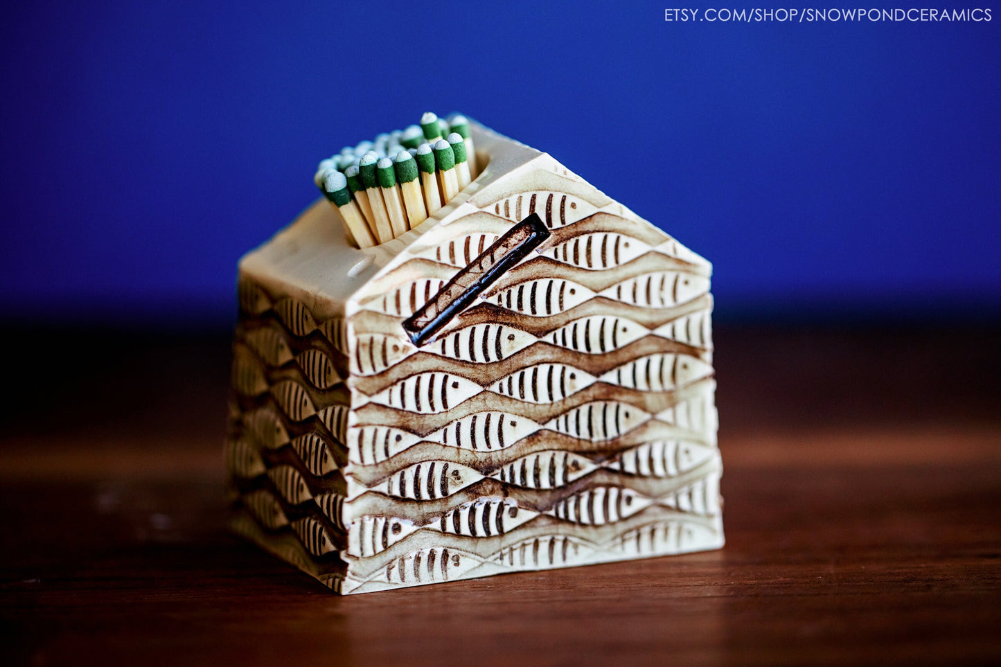 Whimsical Fish Pattern Ceramic House Blue Door Match Striker - Mantle Decor / Cabin Gift