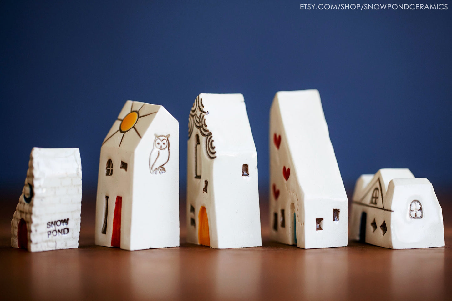 Miniature Ceramic Houses with Red Heart - Handmade Rainbow Village