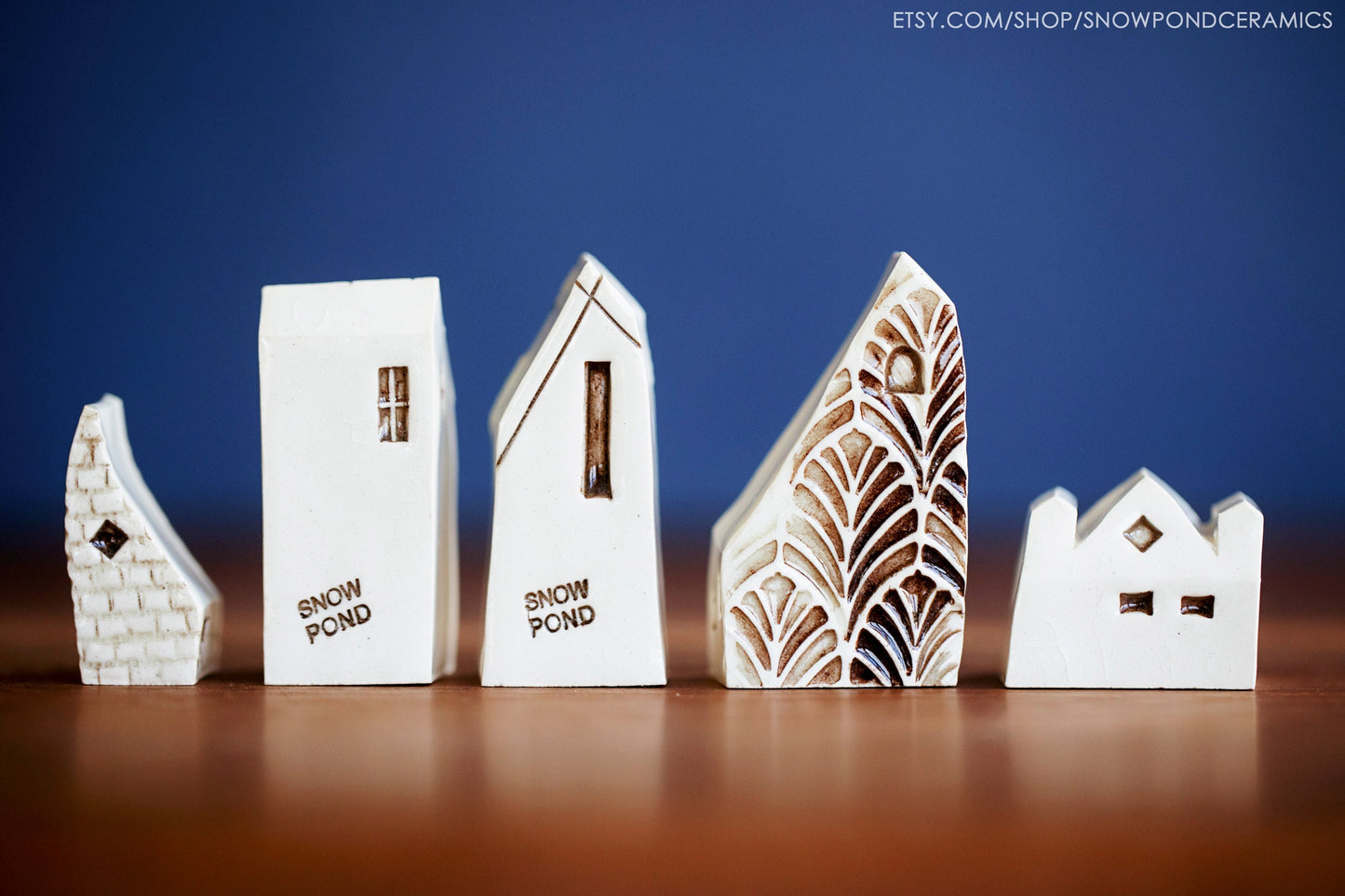 Miniature Ceramic Houses with Red Heart - Handmade Rainbow Village
