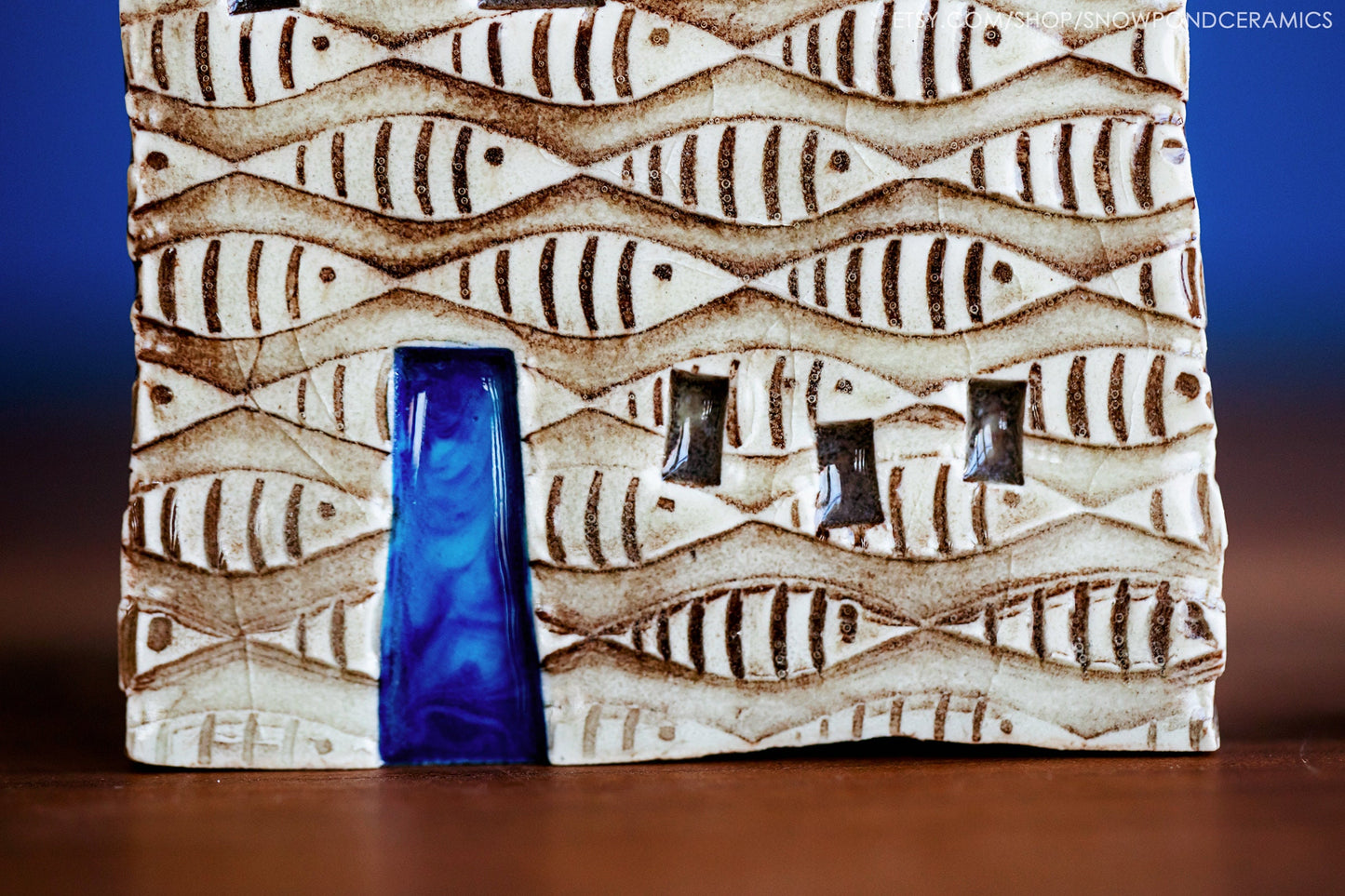 Whimsical Fish Pattern Ceramic House Blue Door Match Striker - Mantle Decor / Cabin Gift