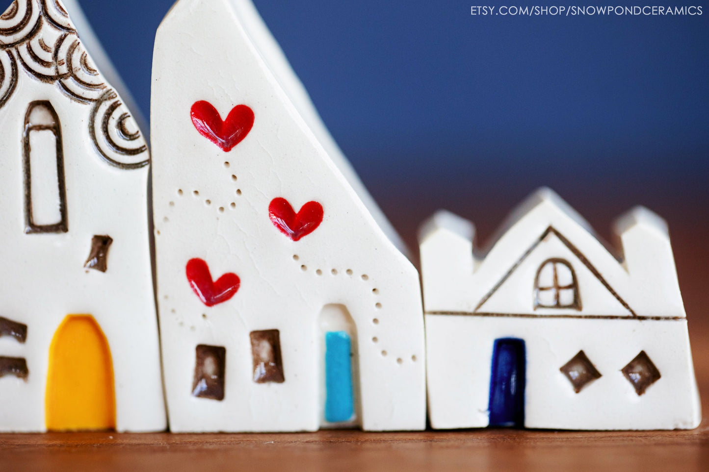 Miniature Ceramic Houses with Red Heart - Handmade Rainbow Village