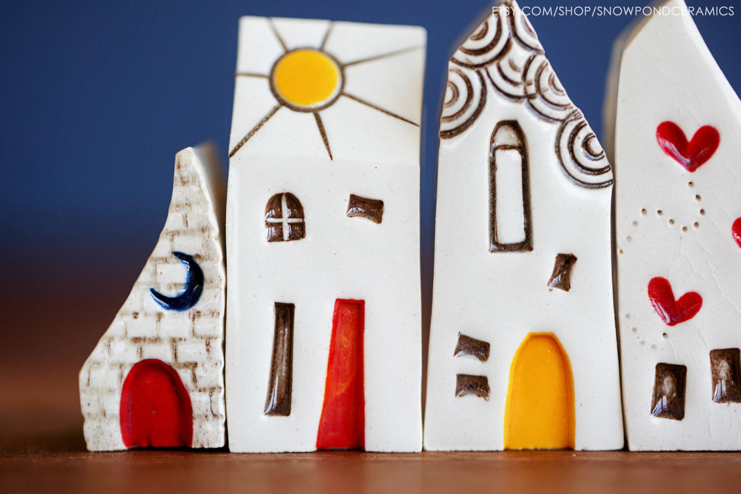 Miniature Ceramic Houses with Red Heart - Handmade Rainbow Village