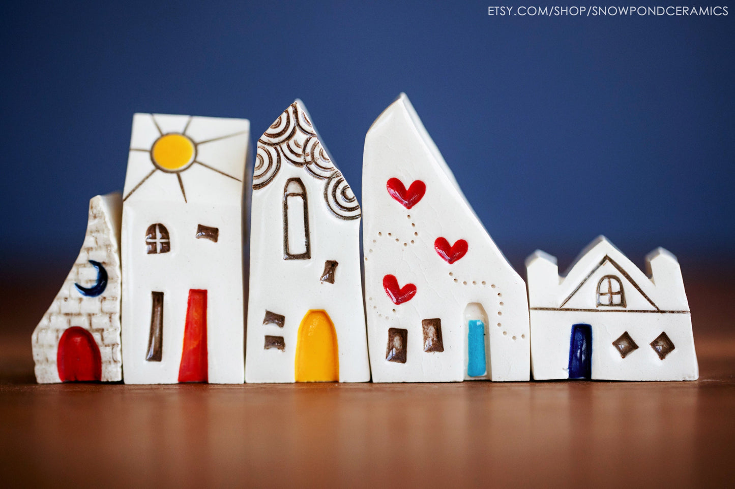 Miniature Ceramic Houses with Red Heart - Handmade Rainbow Village