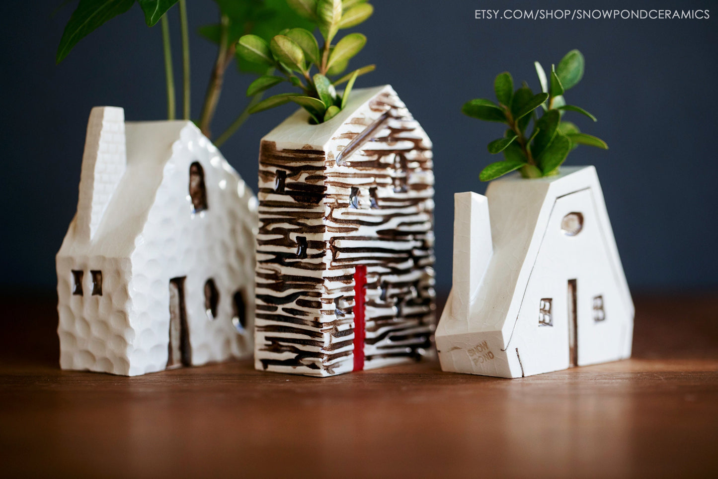Small Log Cabin Ceramic Houses - Bud Vase / Reed Oil Diffuser Wood Texture - Teacher Gift Idea