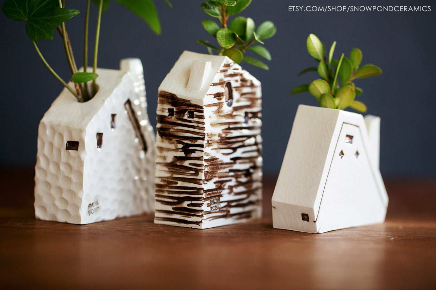Small Log Cabin Ceramic Houses - Bud Vase / Reed Oil Diffuser Wood Texture - Teacher Gift Idea