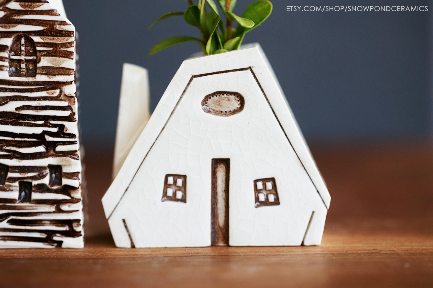 Small Log Cabin Ceramic Houses - Bud Vase / Reed Oil Diffuser Wood Texture - Teacher Gift Idea