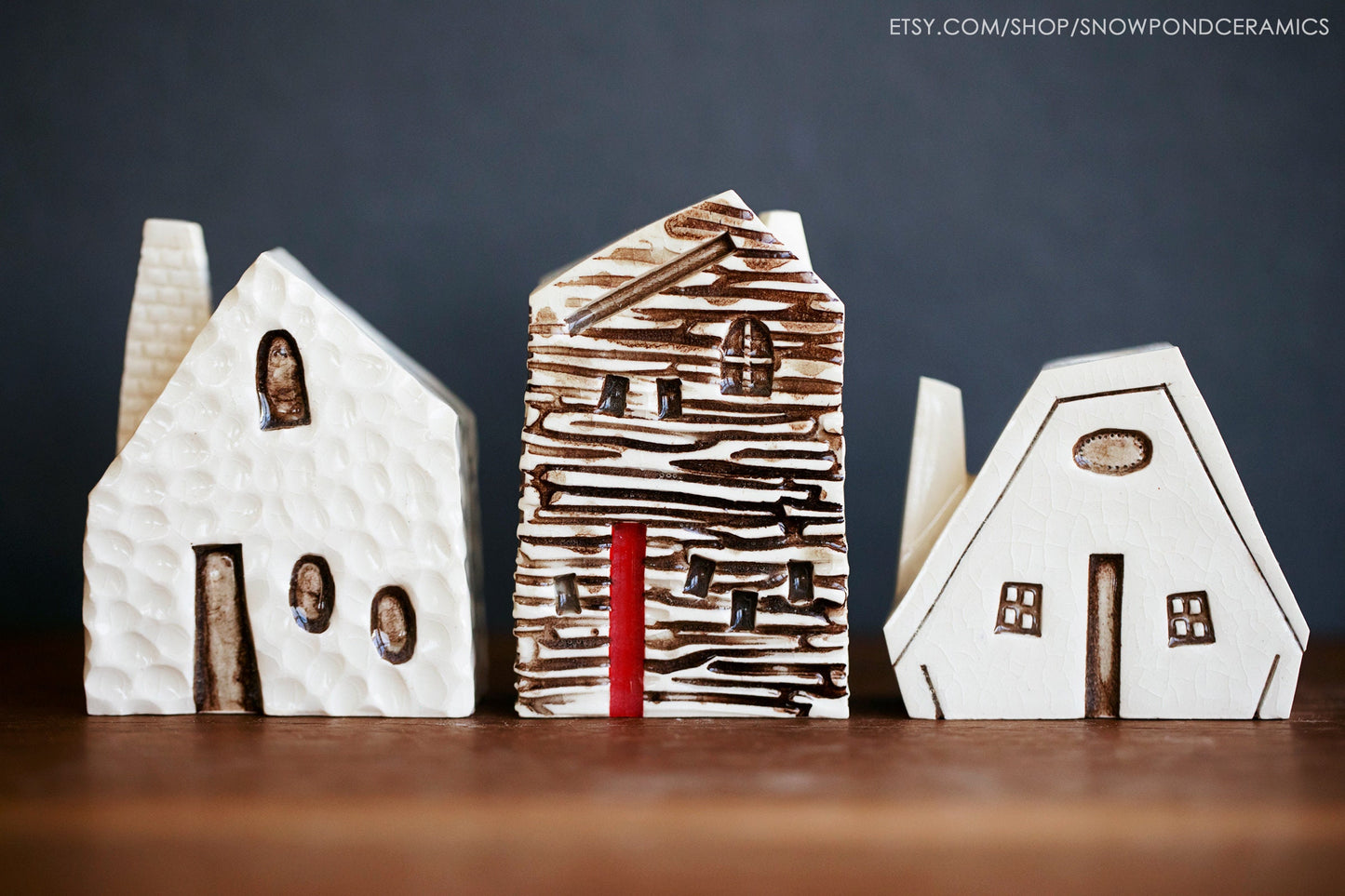 Small Log Cabin Ceramic Houses - Bud Vase / Reed Oil Diffuser Wood Texture - Teacher Gift Idea