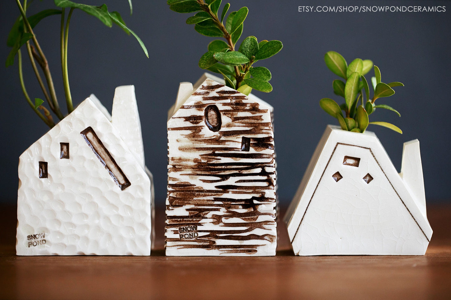 Small Log Cabin Ceramic Houses - Bud Vase / Reed Oil Diffuser Wood Texture - Teacher Gift Idea