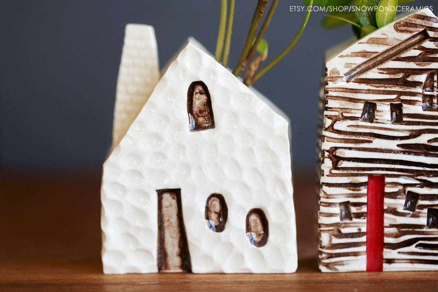 Small Log Cabin Ceramic Houses - Bud Vase / Reed Oil Diffuser Wood Texture - Teacher Gift Idea
