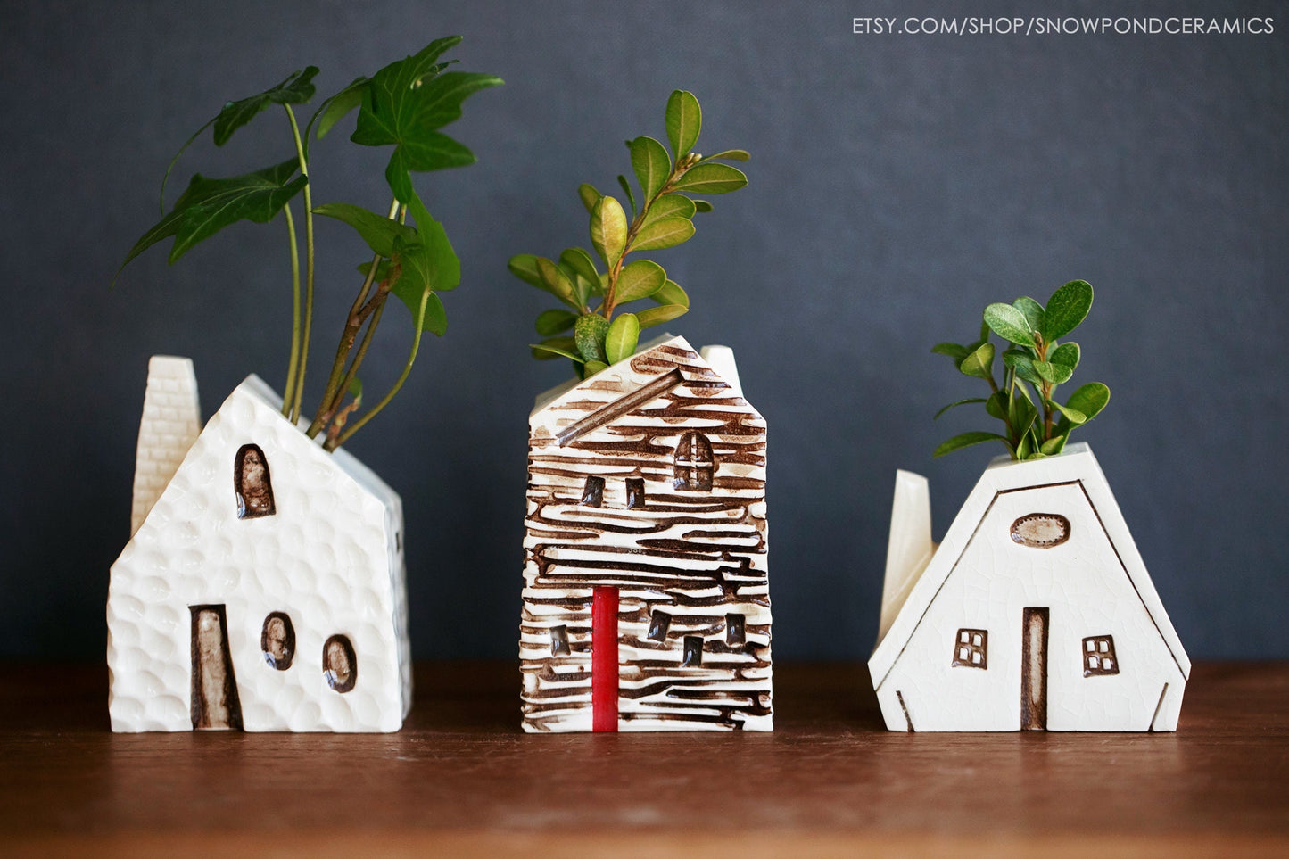 Small Log Cabin Ceramic Houses - Bud Vase / Reed Oil Diffuser Wood Texture - Teacher Gift Idea
