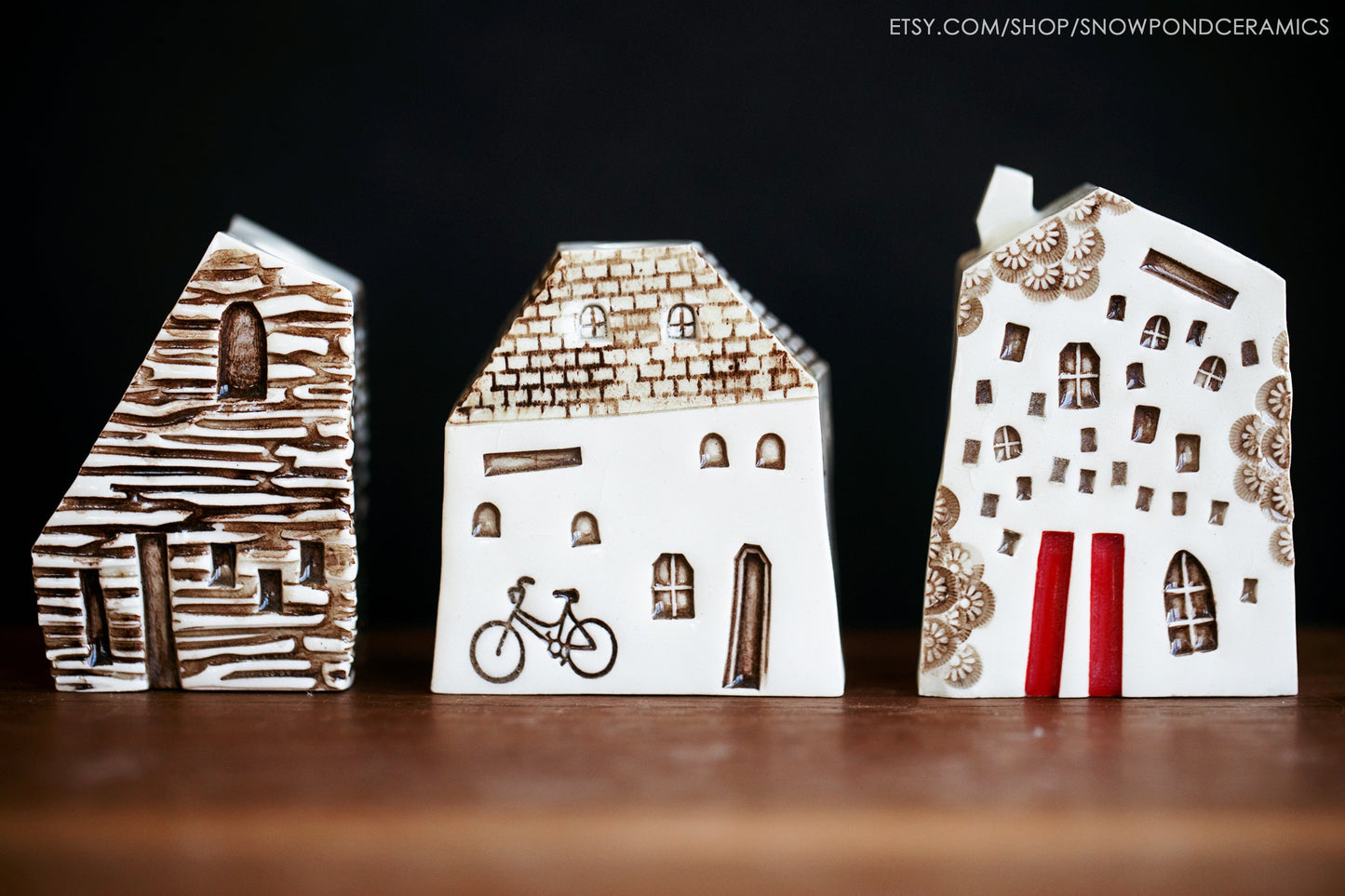 Small Fairy Ceramic Houses - Bud Vase / Pen Holder with Log Cabin Texture - Teacher Gift Idea