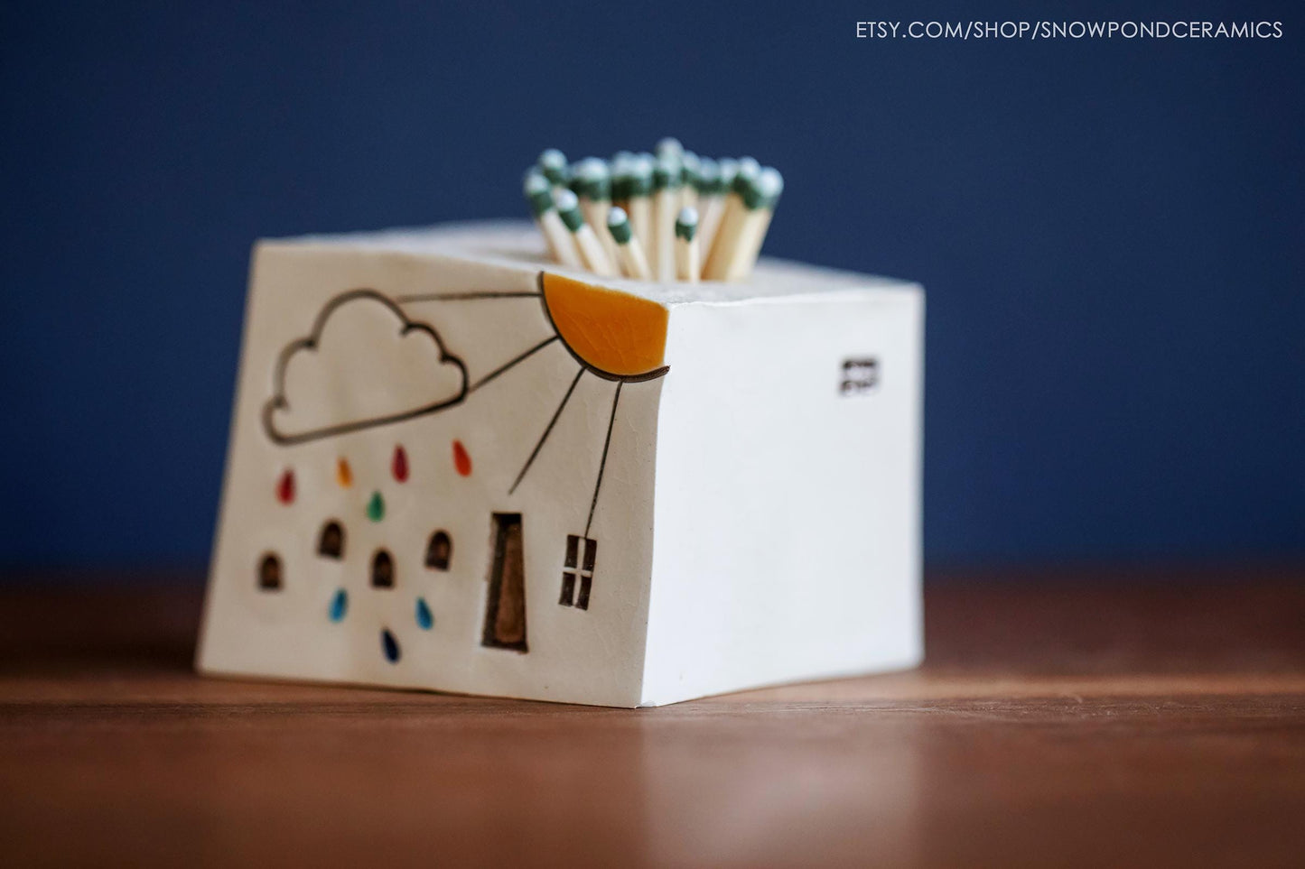 Small Ceramic House Match Striker with Rainbow Raindrops and Cloud - Unique Housewarming Gift / Meditation Gift