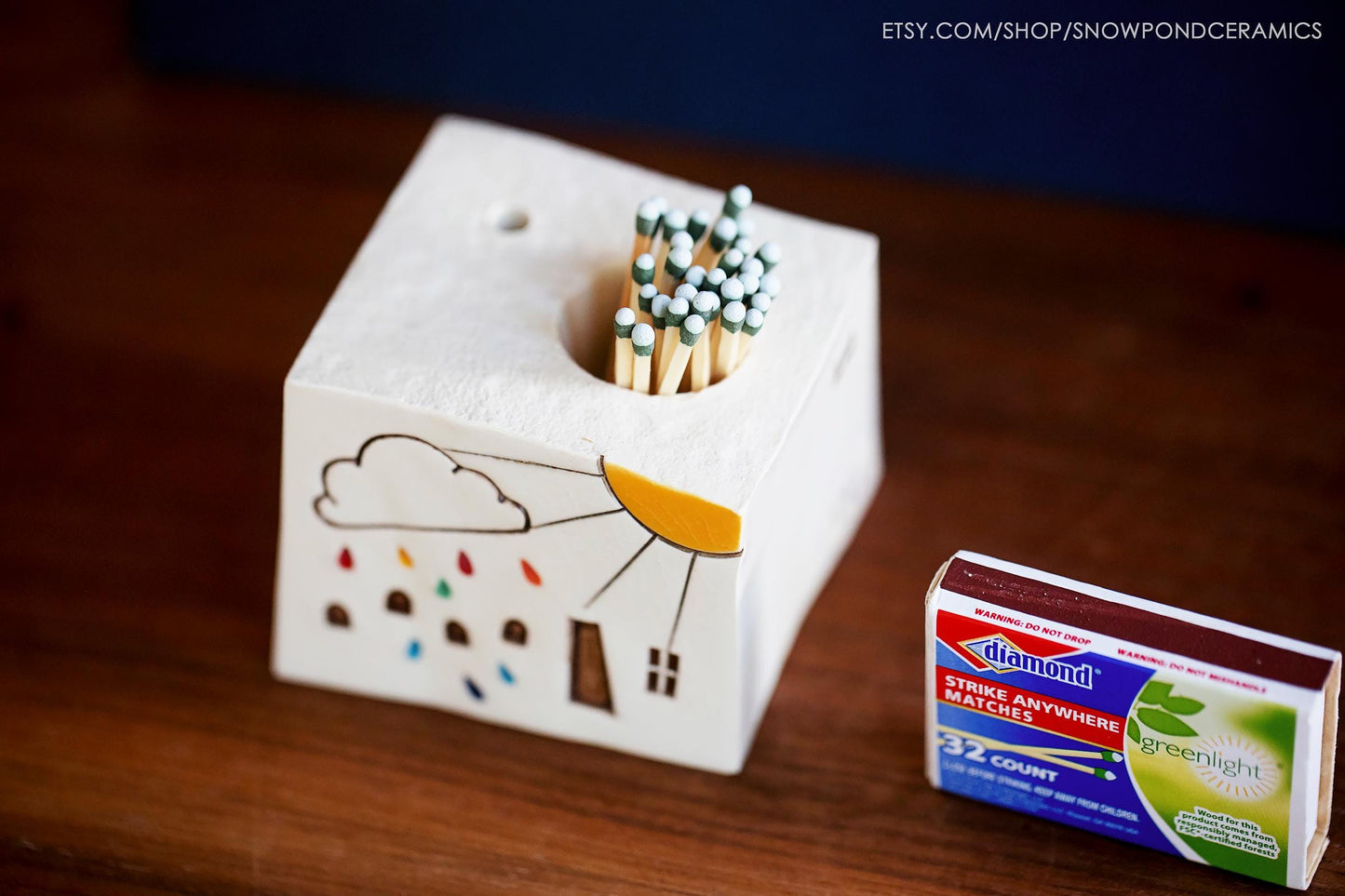 Small Ceramic House Match Striker with Rainbow Raindrops and Cloud - Unique Housewarming Gift / Meditation Gift