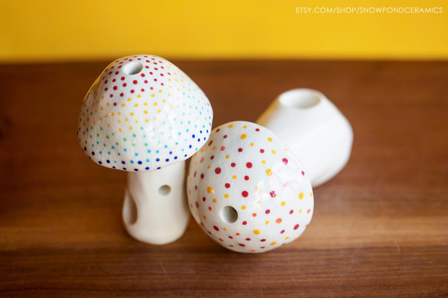 White Ceramic Mushroom Pipe House - Incognito Smoking - Glass Glaze with Rainbow Dots