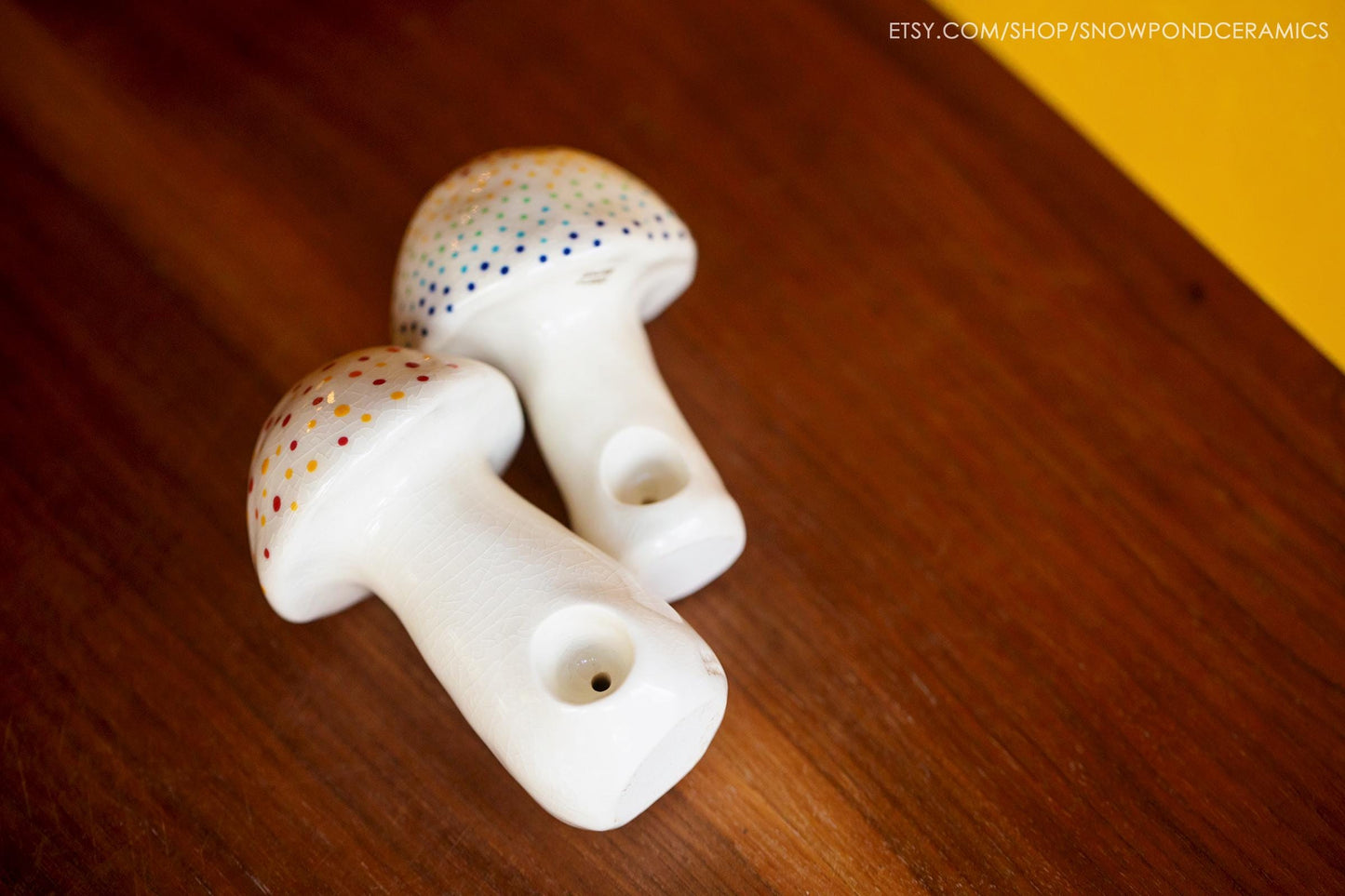 White Ceramic Mushroom Pipe House - Incognito Smoking - Glass Glaze with Rainbow Dots