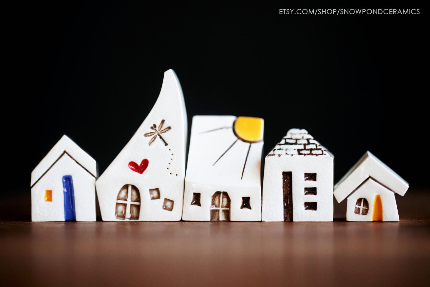 Small Whimsical Ceramic Houses with Dragonfly, Sunshine, Heart - Montessori Natural Pretend Play Toy