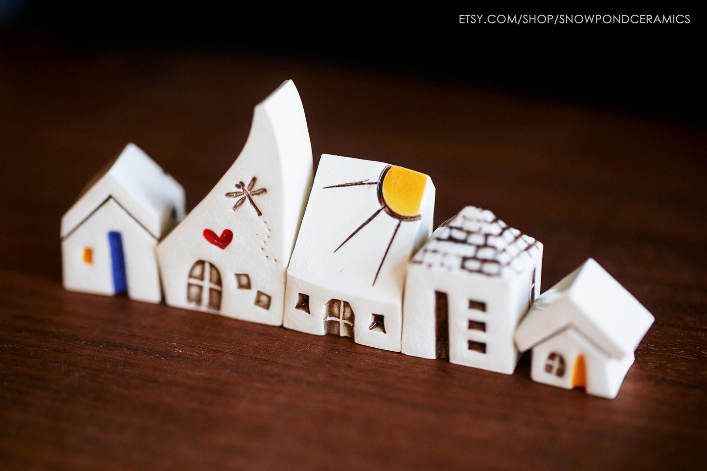 Small Whimsical Ceramic Houses with Dragonfly, Sunshine, Heart - Montessori Natural Pretend Play Toy