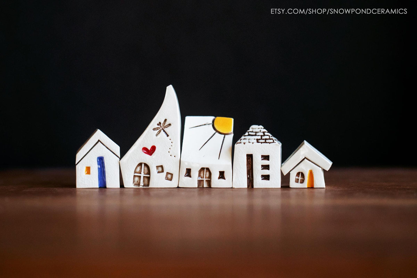 Small Whimsical Ceramic Houses with Dragonfly, Sunshine, Heart - Montessori Natural Pretend Play Toy