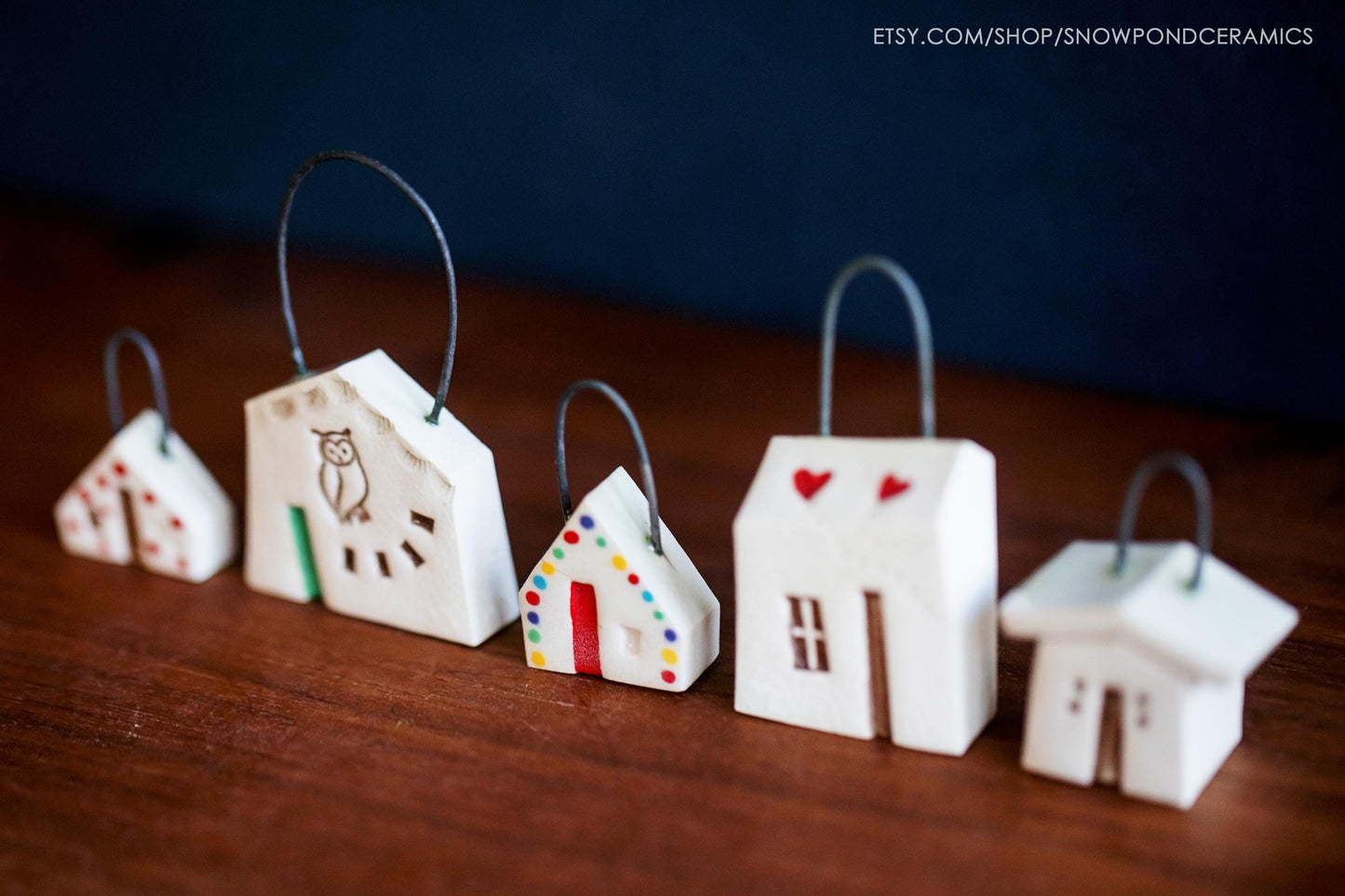 Tiny Ceramic Hanging House Christmas Ornaments - Unique Holiday or Birthday Gift - Hearts, Owl, Dots