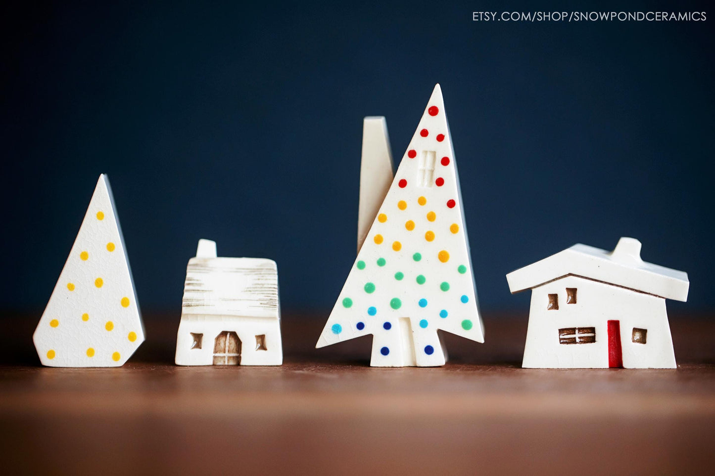 Miniature Ceramic Christmas Tree and Houses Village - Tiny Holiday Decor