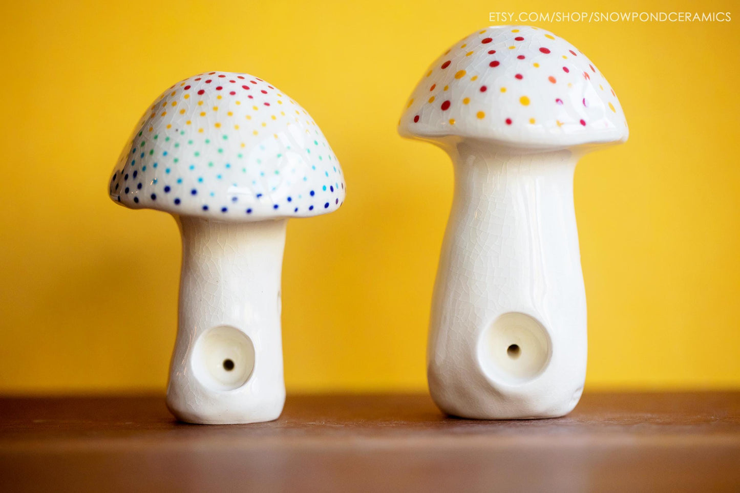 White Ceramic Mushroom Pipe House - Incognito Smoking - Glass Glaze with Rainbow Dots