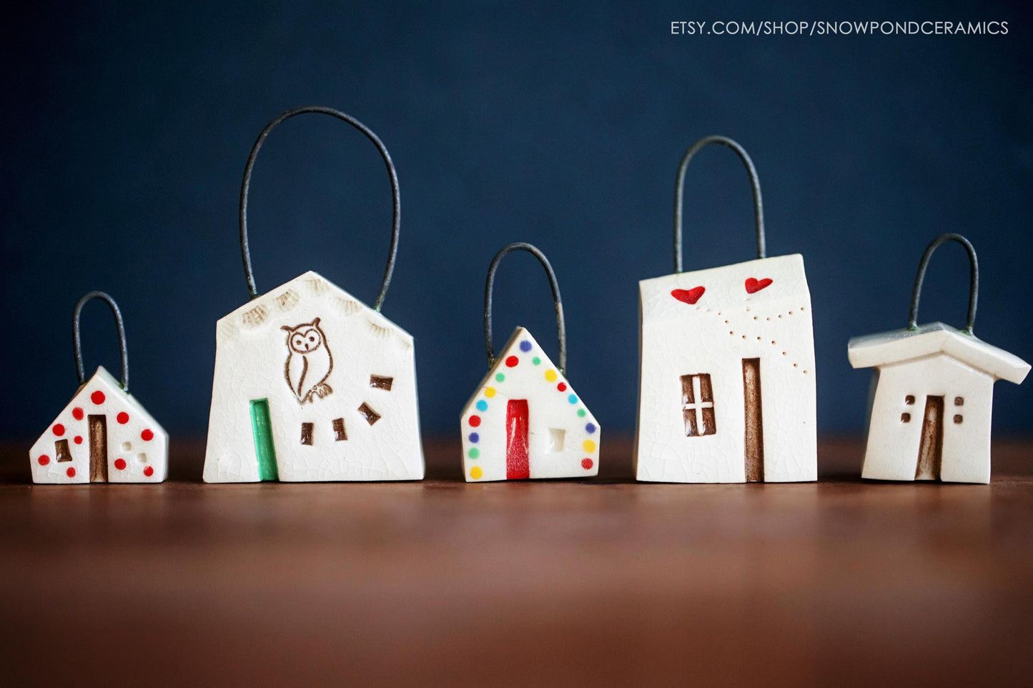 Tiny Ceramic Hanging House Christmas Ornaments - Unique Holiday or Birthday Gift - Hearts, Owl, Dots