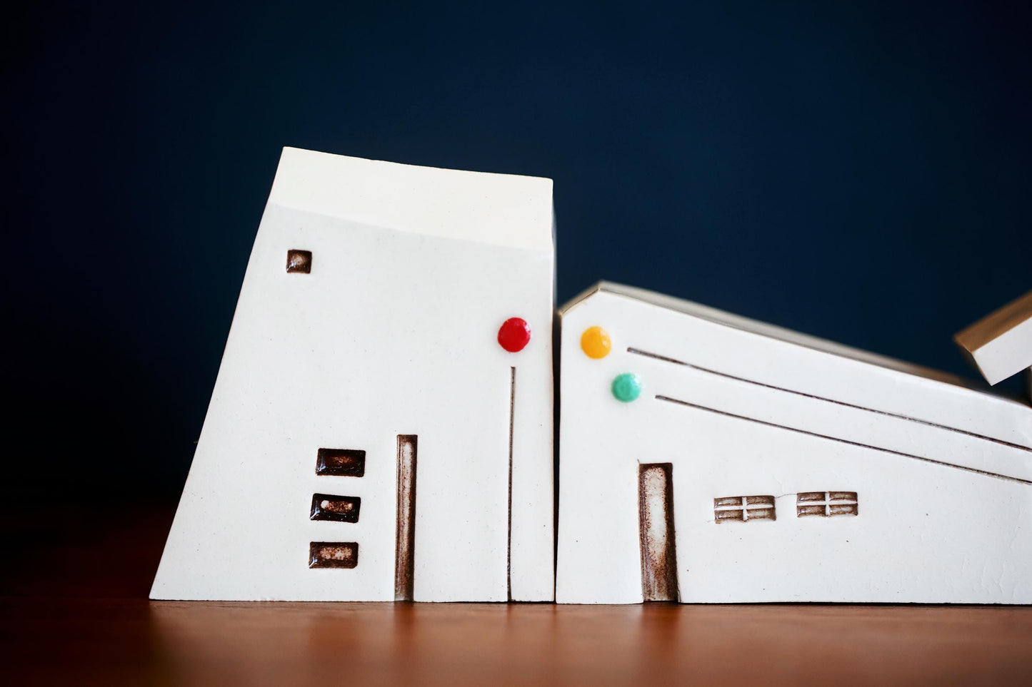 Modern Mid Century Miniature White Ceramic Houses with Rainbow Dots