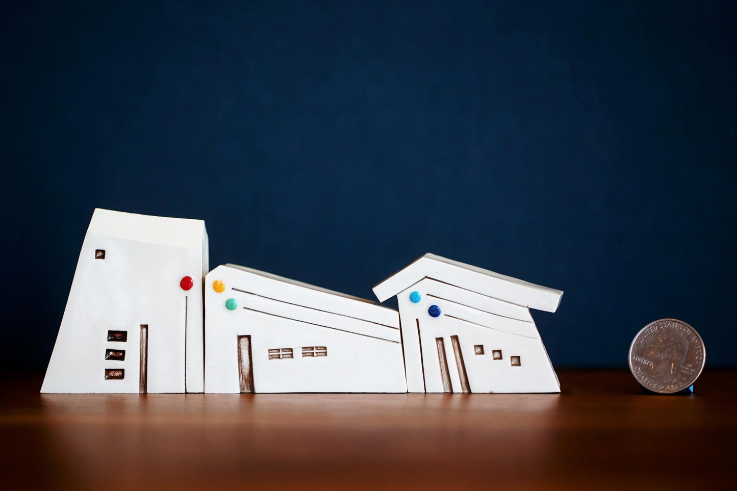 Modern Mid Century Miniature White Ceramic Houses with Rainbow Dots