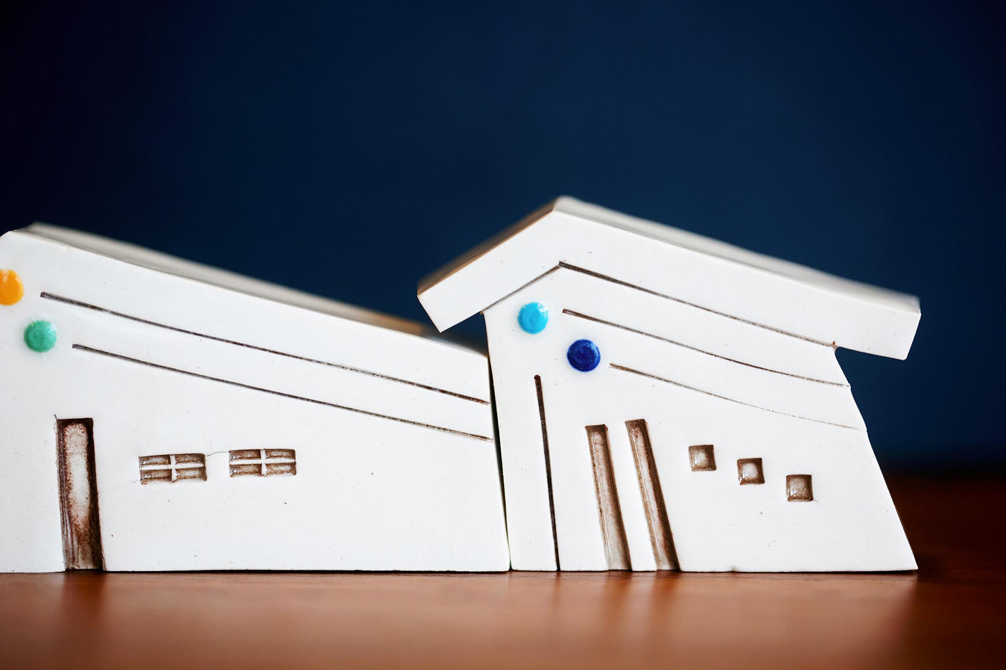 Modern Mid Century Miniature White Ceramic Houses with Rainbow Dots